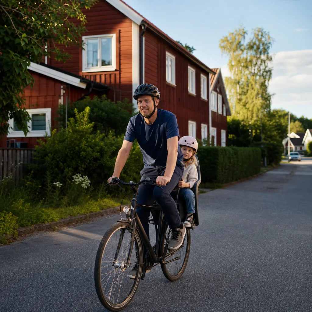 Förälder och barn cyklar i ett svenskt villaområde