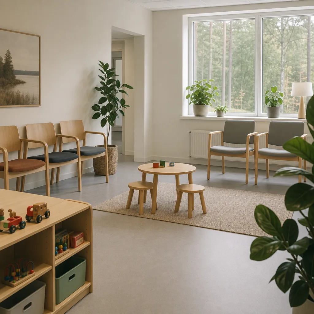 Lugn väntrum på svensk vårdcentral med dagsljus