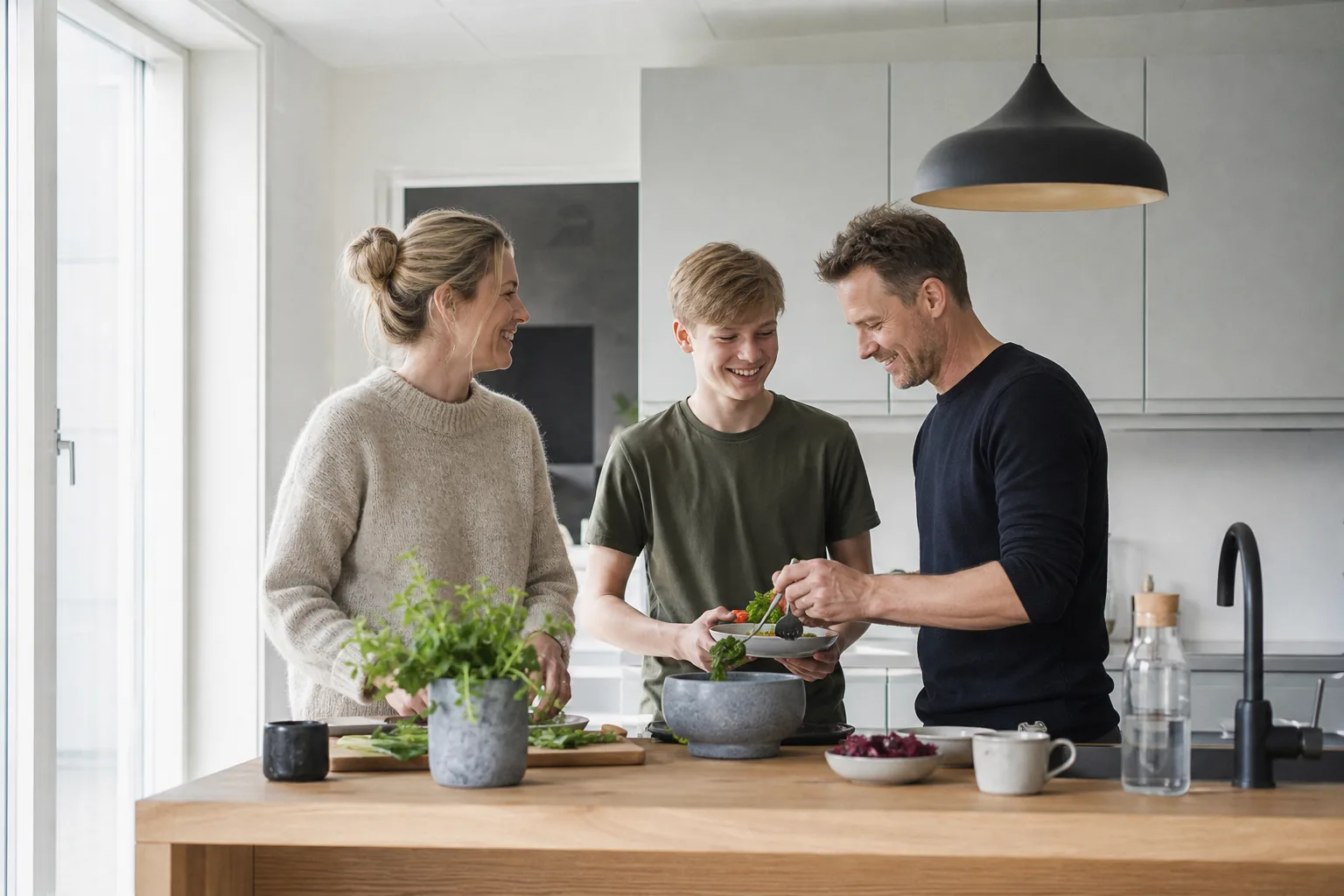 Nordisk familj i ett ljust skandinaviskt kök