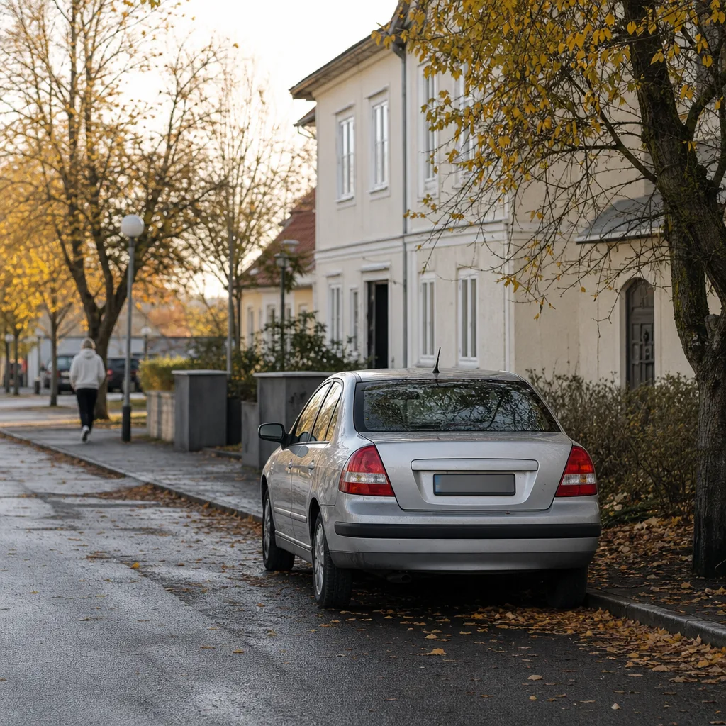 Ung förare bredvid bil på lugn svensk gata