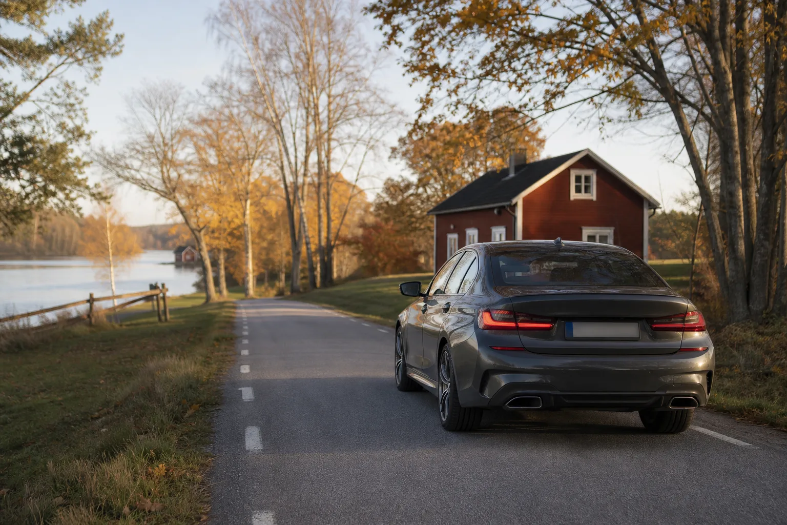 Premiumbil parkerad utanför svensk villa i höstljus