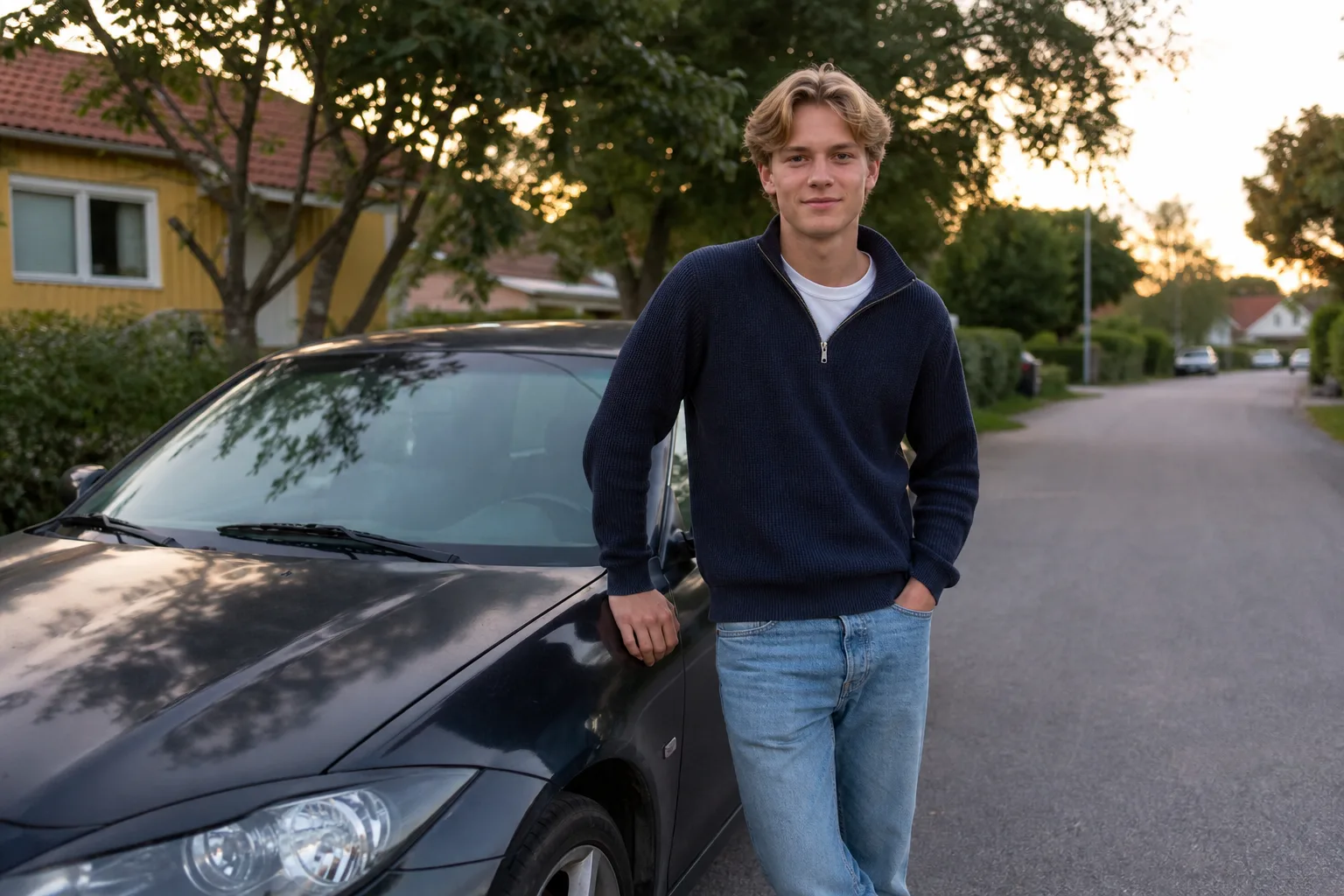 Ung vuxen vid sin första bil på en svensk förortsgata