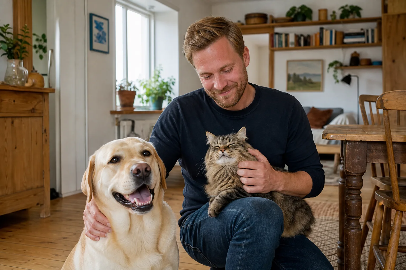 Hund och katt tillsammans med sin ägare i ett svenskt hem