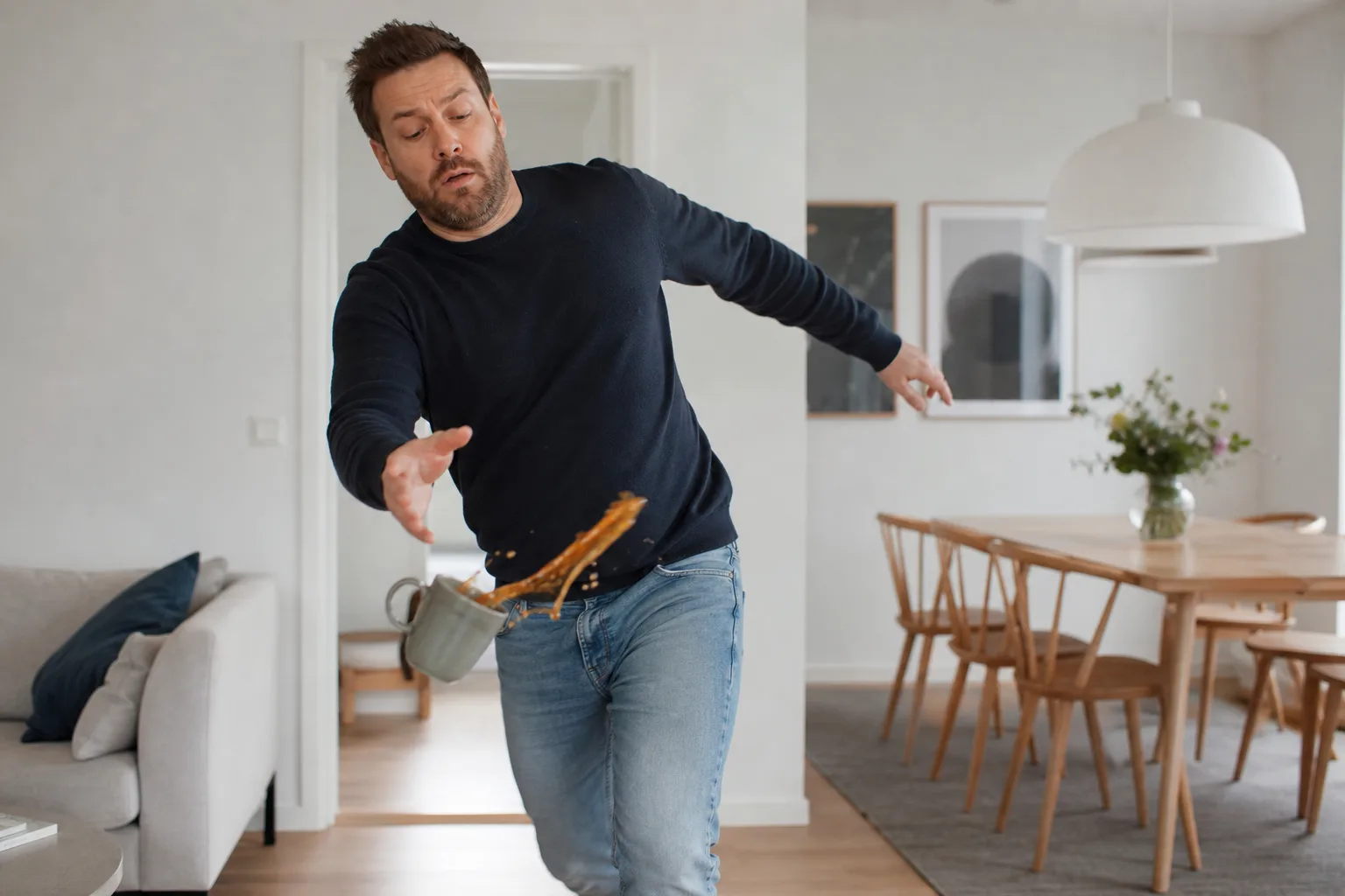 Person som tappar en kaffekopp i golvet i svenskt hem