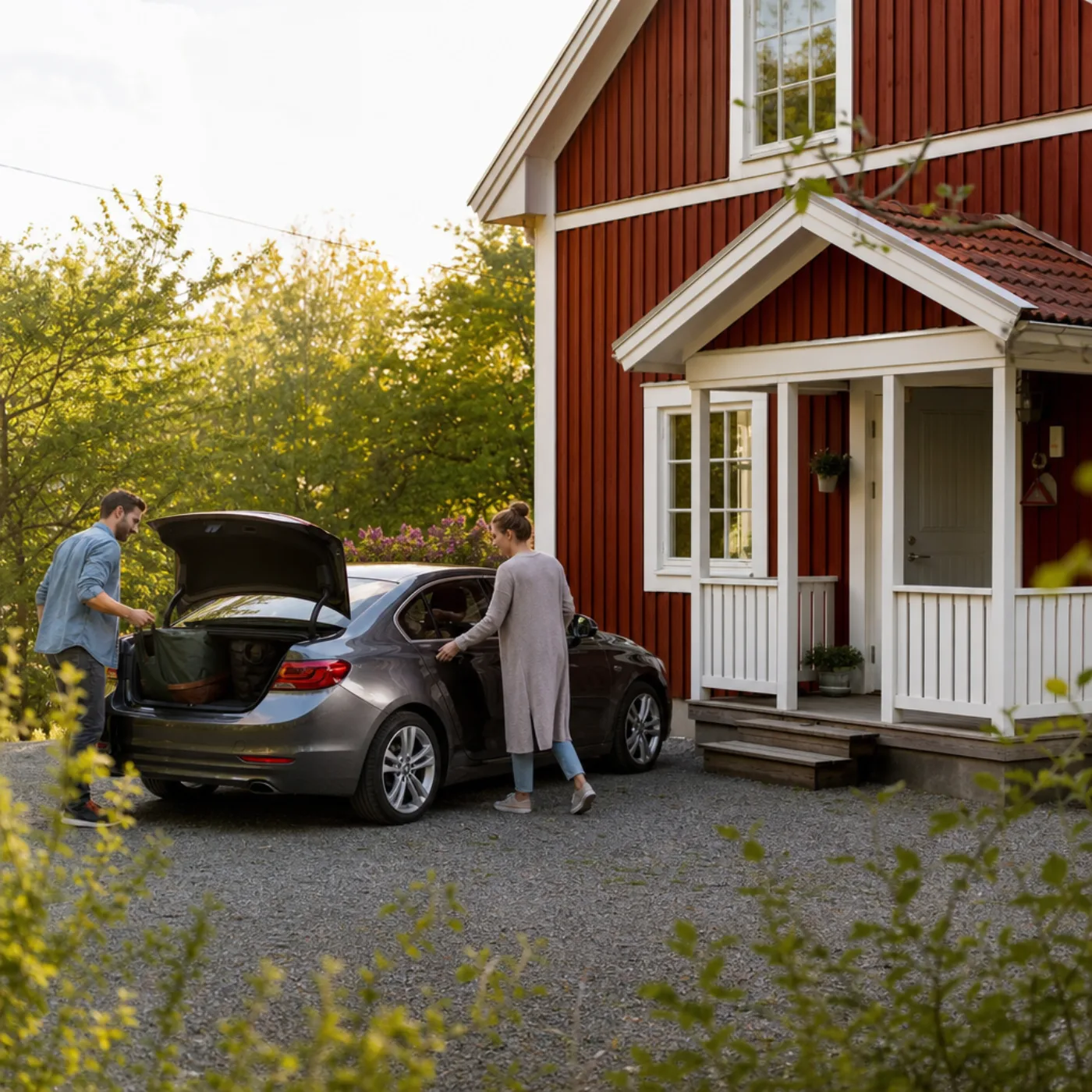 Kompakt bil framför modern lägenhetsbyggnad