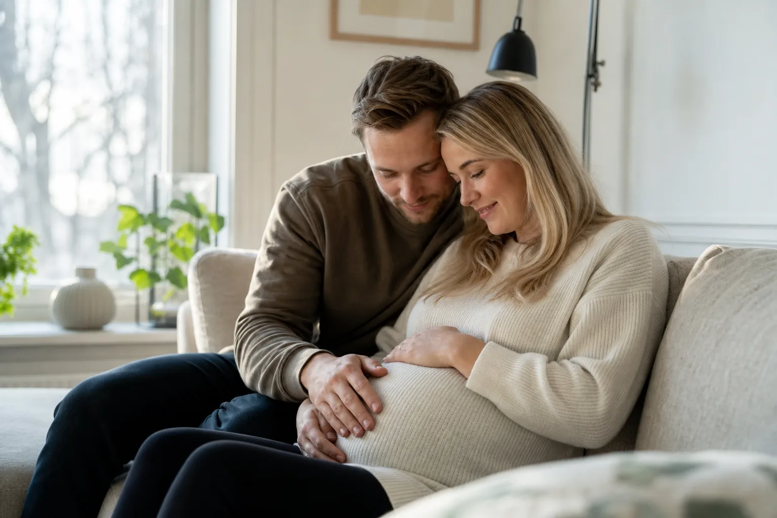 Blivande föräldrar i ett lugnt nordiskt hem i mjukt morgonljus