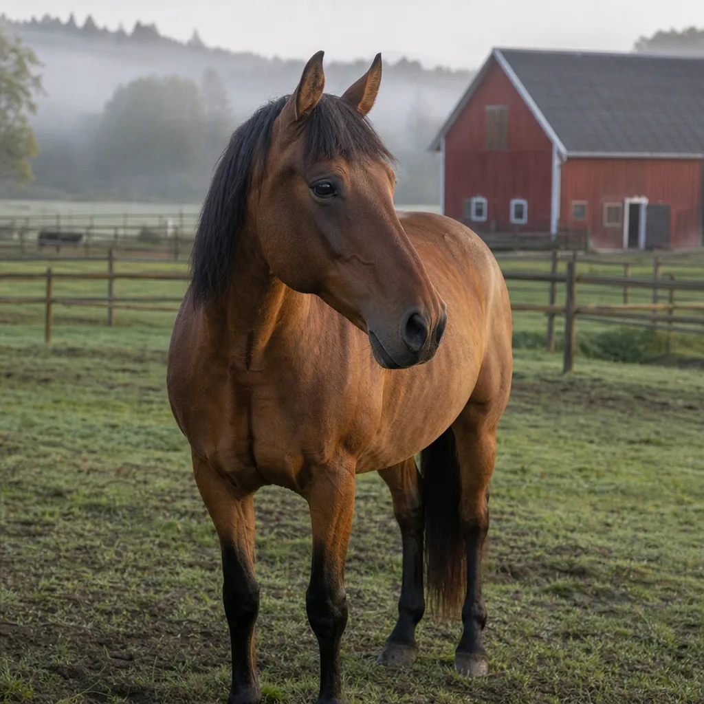 Häst på paddock i tidig morgonsol på svensk landsbygd