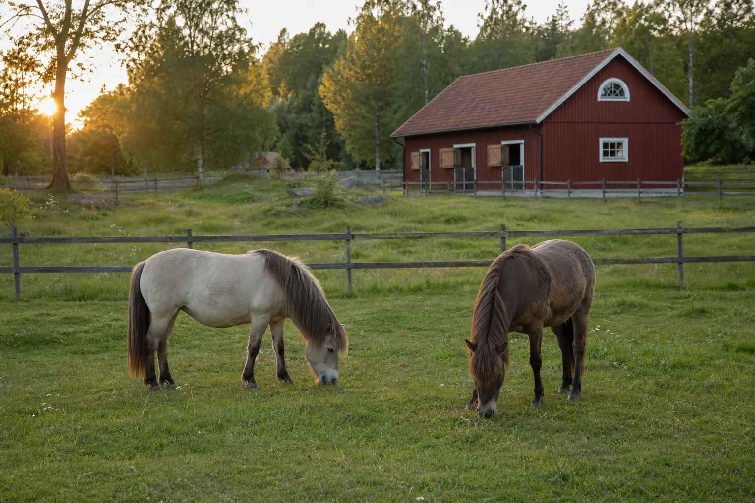 Två nordiska hästar på sommarbete med rött stall i bakgrunden