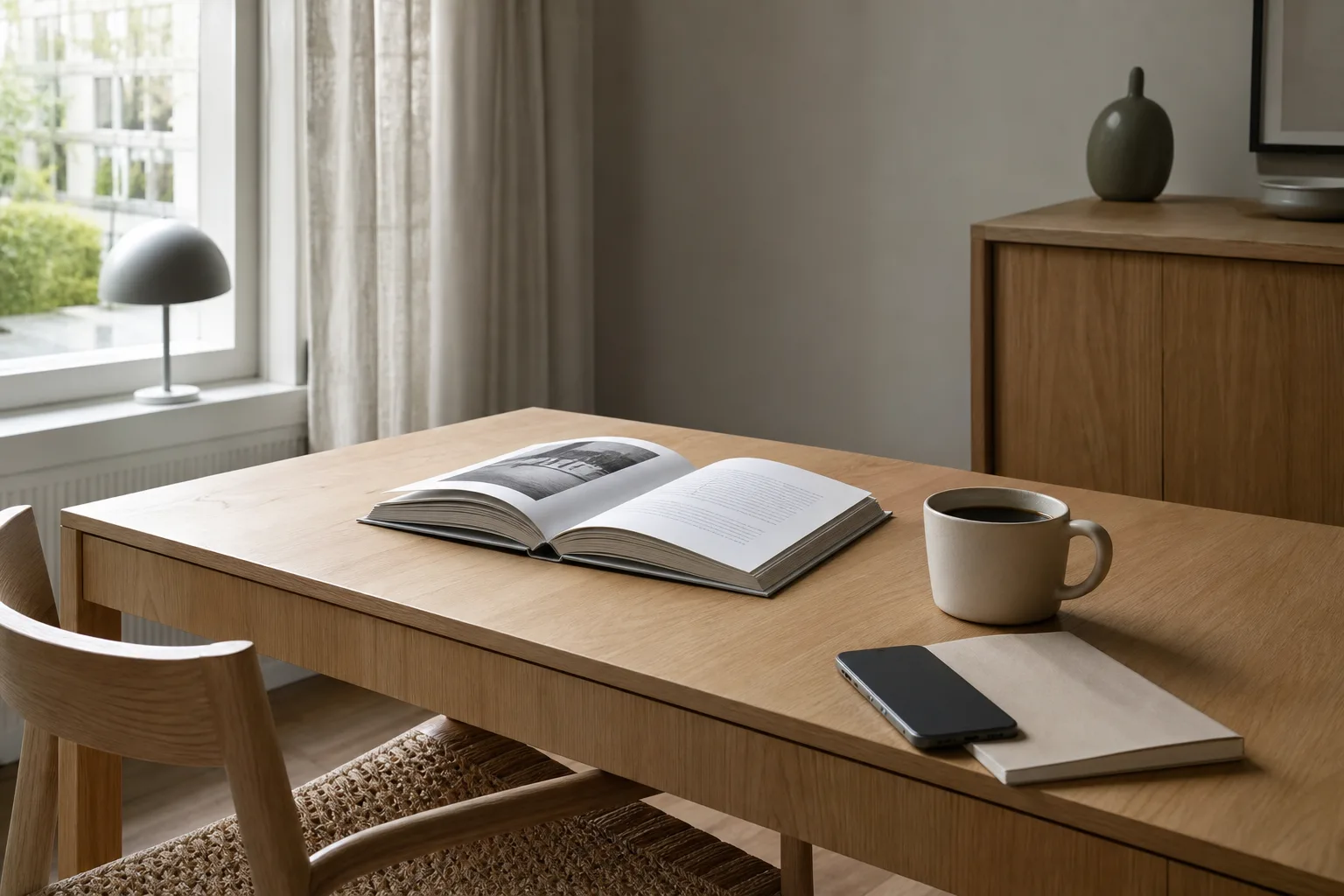Mobiltelefon och kaffekopp på ljust träbord