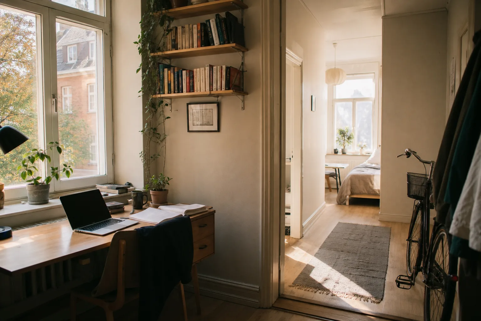 Liten studentlägenhet med skrivbord, böcker och cykel i hallen