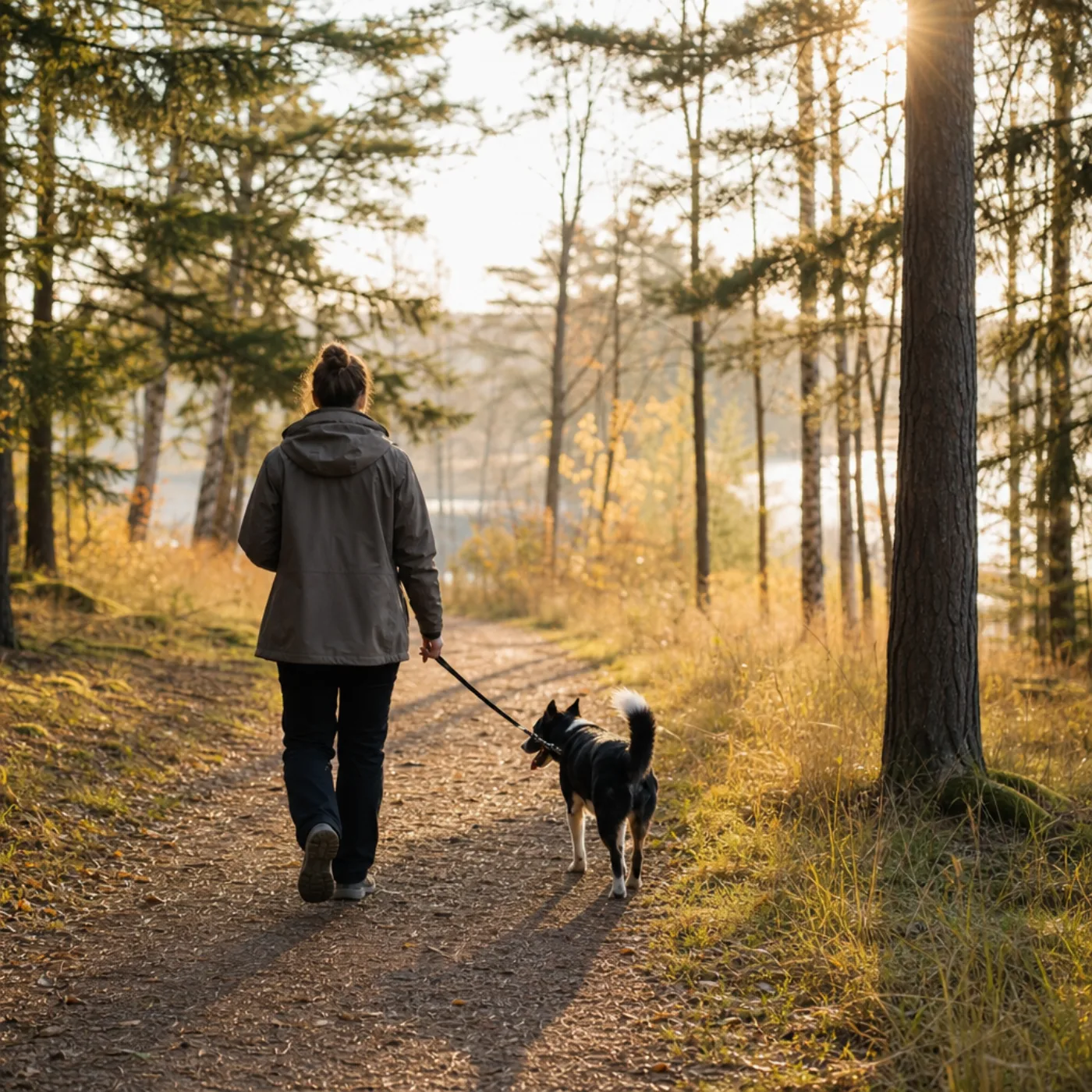 Hundägare på höstpromenad i svensk park