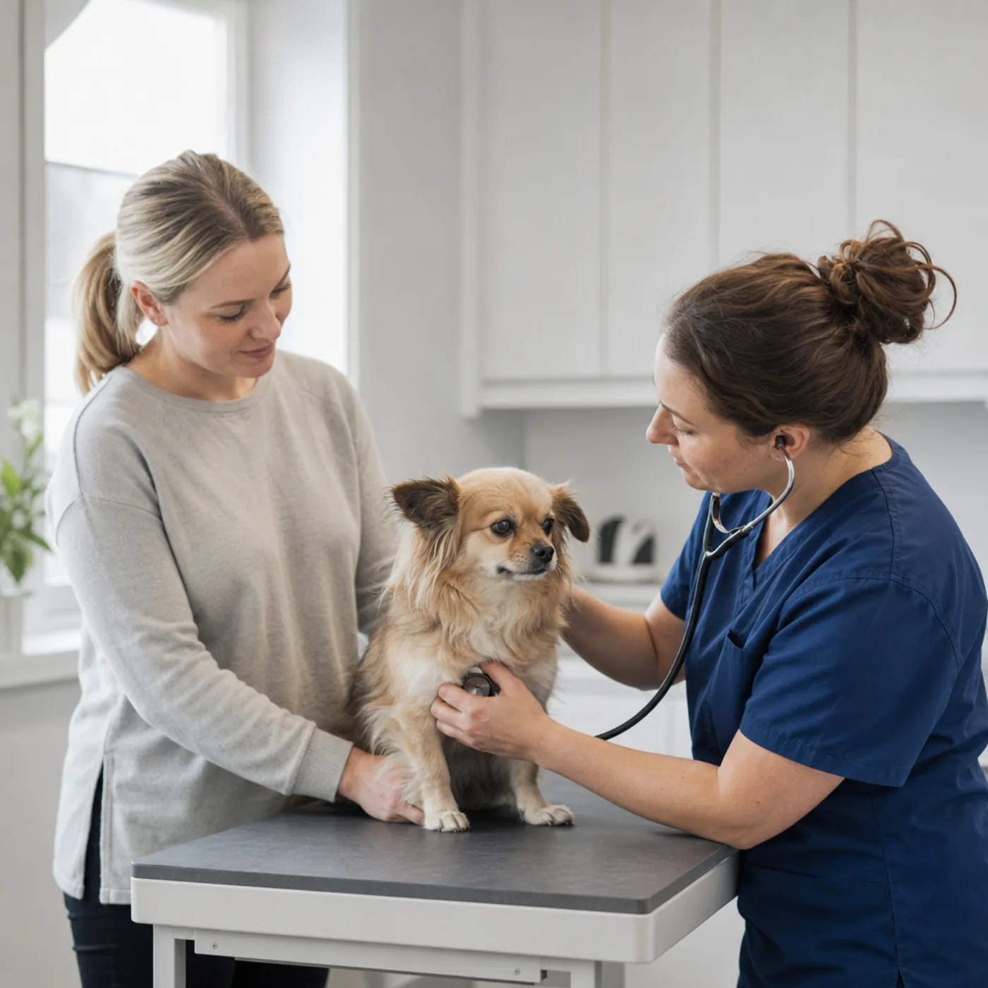 Hund hos veterinär i undersökningsrum