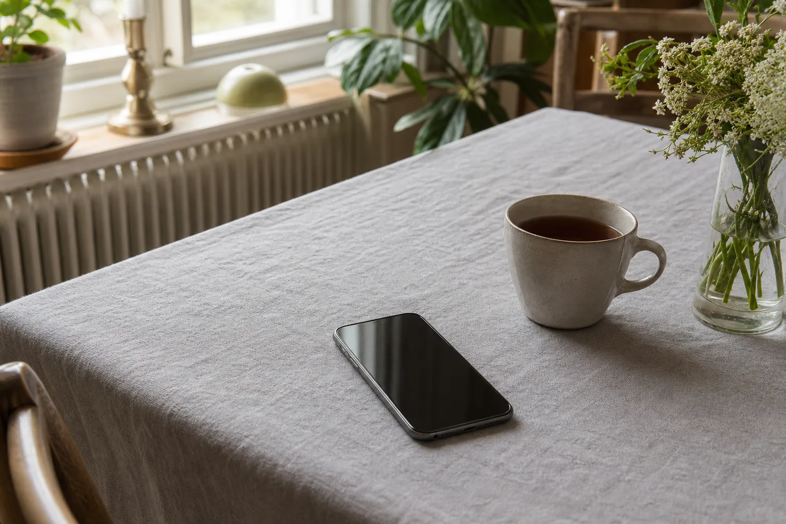Mobiltelefon och tekopp på linneduk