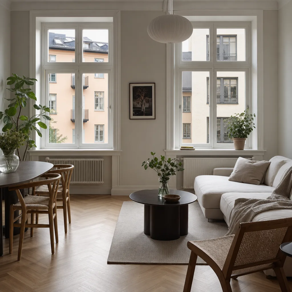 Ljus svensk bostadsrätt med trägolv och stora fönster