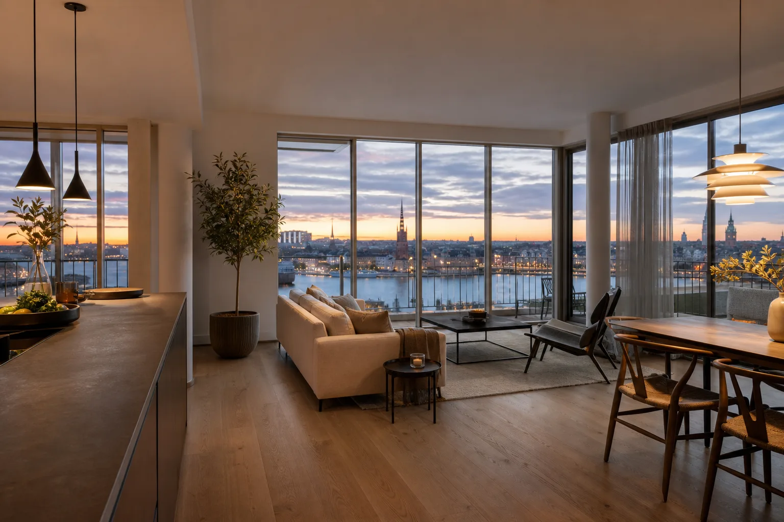 Modern lägenhet med utsikt över Stockholms skyline i skymning