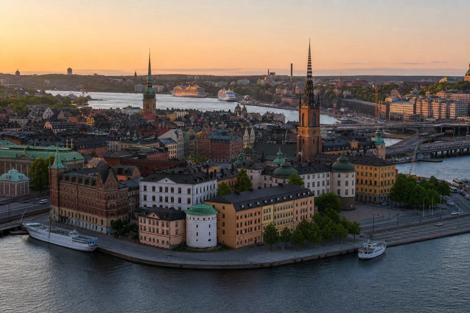 Stockholms innerstad med Gamla stan i kvällsljus