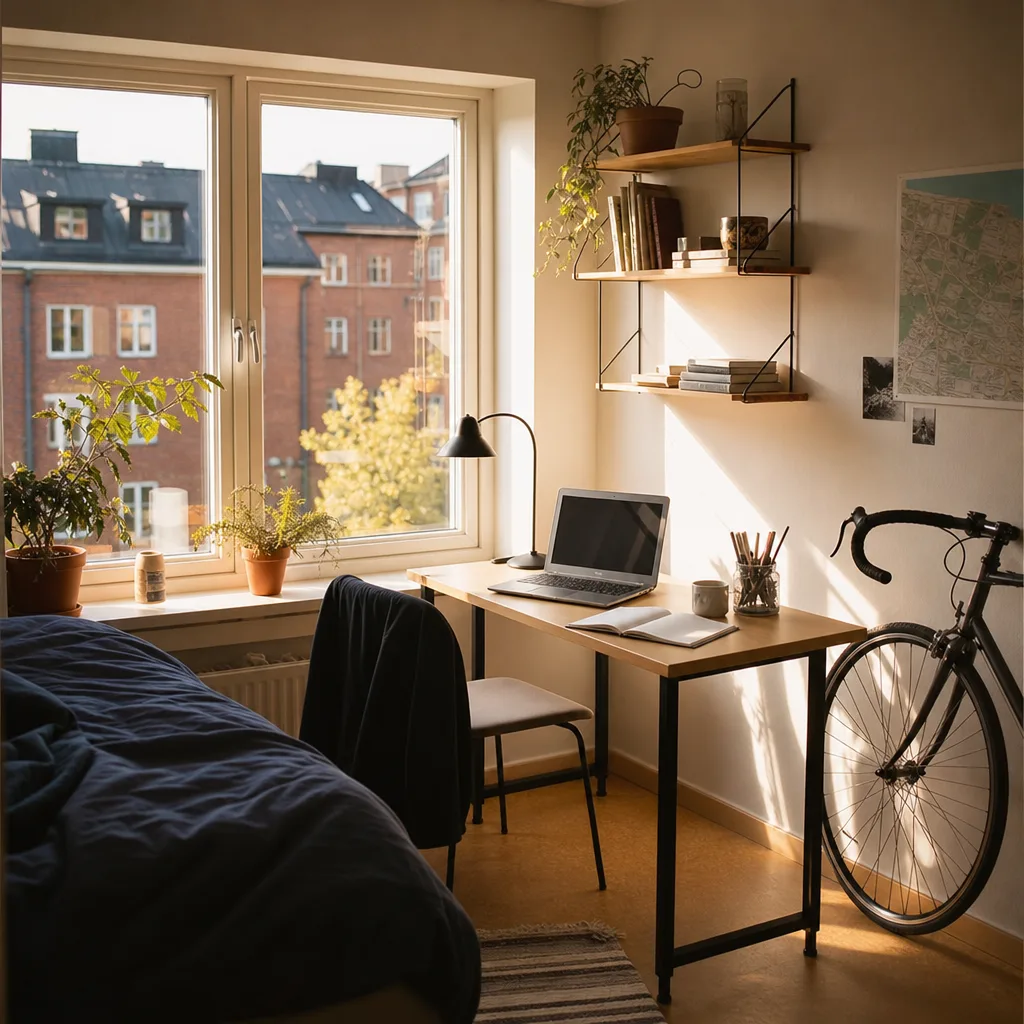 Studentrum med skrivbord vid fönstret i svensk universitetsstad