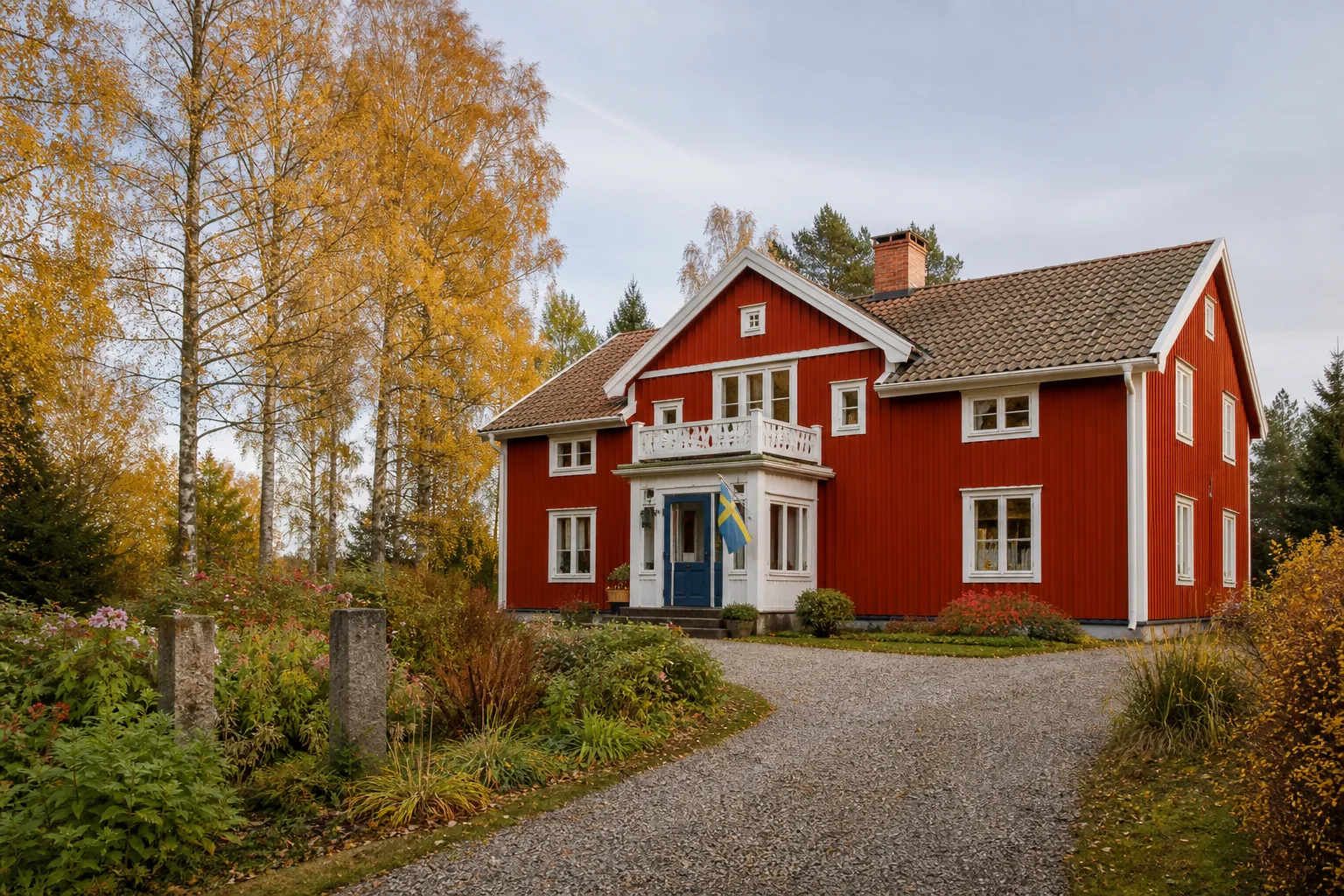 Traditionell röd villa med vita knutar i svensk höstmiljö