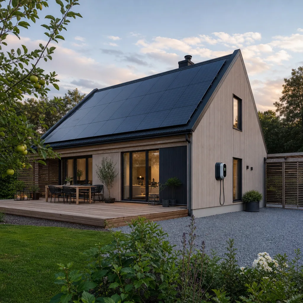 Modern svensk villa med solpaneler i kvällsljus